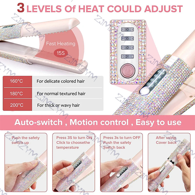 2 in 1 Electric USB Hair Straightener Curler Straight Hair Colored Diamond Design Wireless Travel Hair Straightening Styler